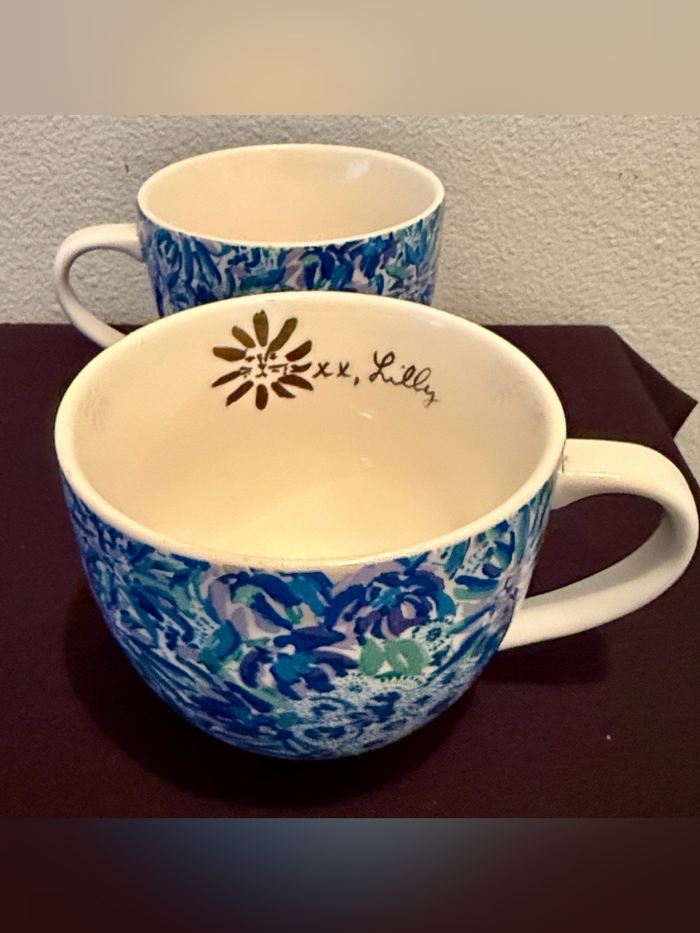 2 Lilly Pulitzer ceramic coffee mugs. Blue floral "High Maintenance" pattern - Picture 7 of 15